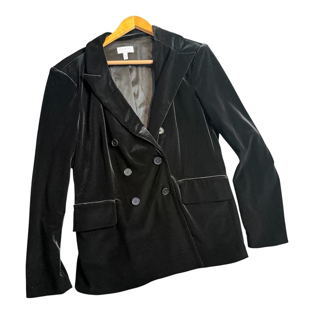 Dark Academia Double Breasted Black Velvet Blazer Jacket Women's L Office